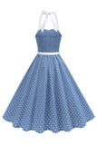 Halter Polka Dots Royal Blue A Line 1950s Dress