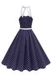 Halter Polka Dots Royal Blue A Line 1950s Dress