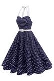 Halter Polka Dots Royal Blue A Line 1950s Dress