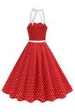 Halter Polka Dots Royal Blue A Line 1950s Dress