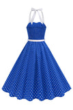 Halter Polka Dots Royal Blue A Line 1950s Dress