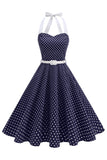 Halter Polka Dots Light Blue A Line 1950s Dress