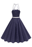 Halter Polka Dots Light Blue A Line 1950s Dress