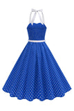 Halter Polka Dots Light Blue A Line 1950s Dress