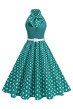 High Neck Polka Dots Green A Line 1950s Dress with Bow