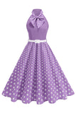 High Neck Polka Dots Green A Line 1950s Dress with Bow