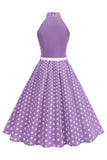 High Neck Polka Dots Green A Line 1950s Dress with Bow