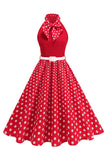 High Neck Polka Dots Green A Line 1950s Dress with Bow
