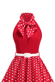 High Neck Polka Dots Green A Line 1950s Dress with Bow