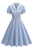 Notched Lapel Blue A Line Single Breasted 1950s Dress