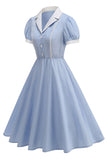 Notched Lapel Blue A Line Single Breasted 1950s Dress