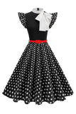 High Neck Polka Dots Black A Line 1950s Dress With Bow