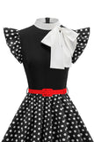High Neck Polka Dots Black A Line 1950s Dress With Bow