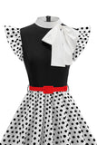 High Neck Polka Dots Black A Line 1950s Dress With Bow