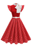 High Neck Polka Dots Black A Line 1950s Dress With Bow