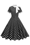 High Neck Black Polka Dots Bowed A Line 1950s Dress