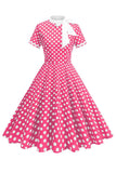 High Neck Black Polka Dots Bowed A Line 1950s Dress