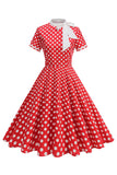 High Neck Black Polka Dots Bowed A Line 1950s Dress