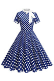 High Neck Black Polka Dots Bowed A Line 1950s Dress