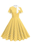 High Neck Black Polka Dots Bowed A Line 1950s Dress