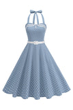 Polka Dots Halter Black A Line 1950s Dress with Bow