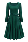 Dark Green Long Sleeve A Line 1950s Dress with Belt