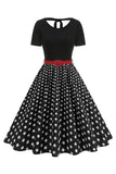 Round Neck Black Polka Dots A Line 1950s Dress