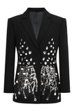 Beaded Black Sequin Notched Lapel Women Blazer