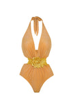 Golden 2 Piece Halter 3D Flower Swimsuit with Beach Dress