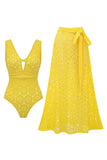 Yellow 2 Piece V-Neck Cut Out Swimsuit with Beach Dress