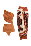 3 Piece One Shoulder Orange Ruched Swimsuit with Beach Dress
