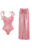 Blush 2 Piece Spaghetti Straps Appliqued Swimsuit with Beach Dress