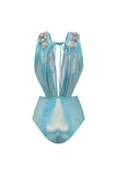 Metallic Blue V-Neck 2 Piece Beaded Swimsuit with Beach Dress