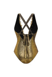 Metallic Golden 2 Piece V-Neck 3D Flowers Swimsuit with Beach Dress