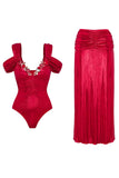 Red Cold Shoulder 2 Piece 3D Flower Swimsuit with Beach Dress