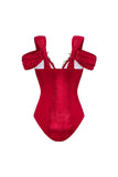 Red Cold Shoulder 2 Piece 3D Flower Swimsuit with Beach Dress