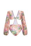 Pink Flower Long Sleeves 2 Piece Cut Out Ruffled Swimsuit with Beach Dress