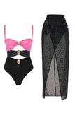 Black Spaghetti Straps 2 Piece Cut Out Swimsuit with Beach Dress