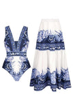 2 Piece White and Blue V-Neck Print Flower Swimsuit with Cover Up