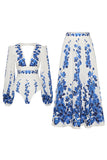 2 Piece White Blue Flower Long Sleeves Swimwear Set with Beach Dress