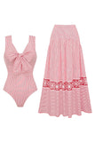Red Striped Bowknot 2 Piece Swimwear Set with Beach Dress