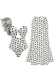 One Shoulder White Black Dot Cut Out 2 Piece Swimsuit with Cover Up