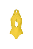 Yellow Halter Cut Out 2 Piece Swimsuit with Cover Up