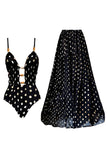 Black White Polka Dots Spaghetti Straps 2 Piece Cut Out Swimsuit with Cover Up