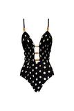 Black White Polka Dots Spaghetti Straps 2 Piece Cut Out Swimsuit with Cover Up