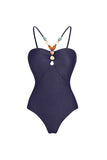 Navy Spaghetti Straps 2 Piece Beaded Swimsuit with Cover Up Dress