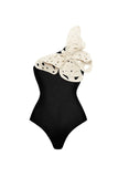Black 2 Piece One Shoulder Appliqued Butterfly Swimsuit with Beach Dress