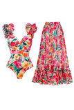Red Flower 2 Piece Ruffled Swimsuit with Cover Up