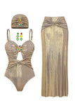 Metallic Golden 4 Piece Cut Out Swimwear Set with Cover Up