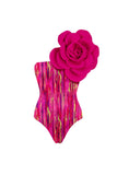 One Shoulder Fuchsia 3D Flower 2 Piece Swimsuit with Beach Dress